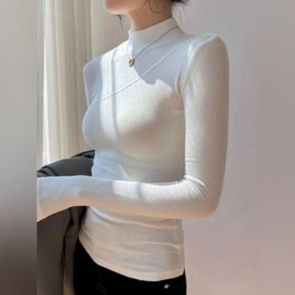Commense white stretchy mock Neck Long sleeve  seamed detail Top NWT - Picture 4 of 10